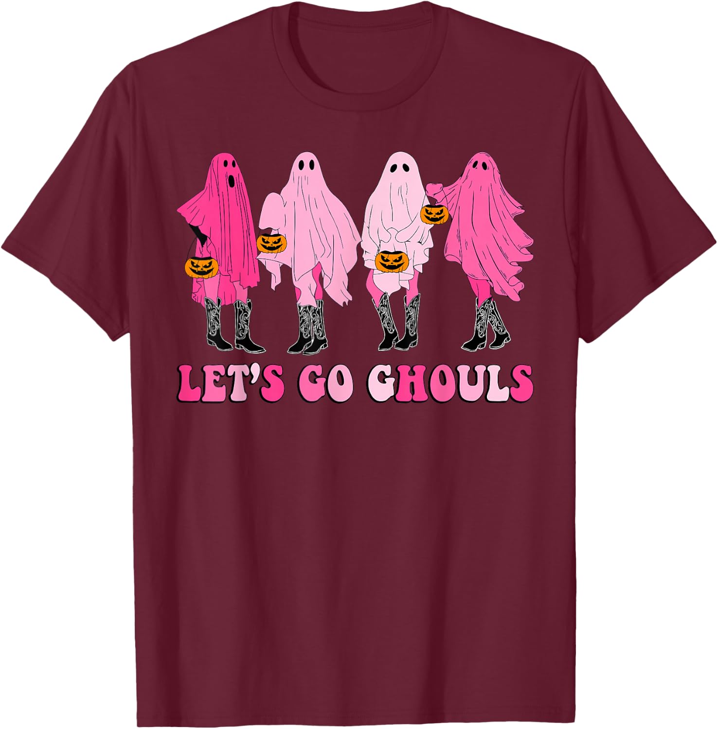 Let’s Go Ghouls Groovy Trick Or Treat Ghosts Halloween T-Shirt - T-Shirt | Maroon