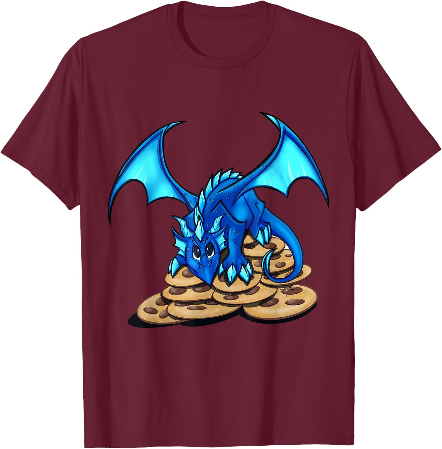 Cute Blue Dragon and His Cookie Treasure Hoard T-Shirt - T-Shirt | Maroon