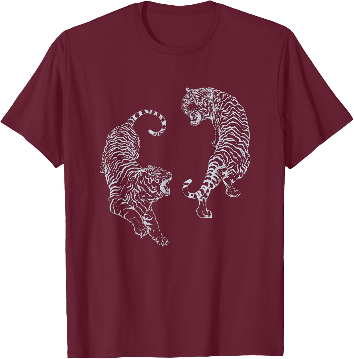 Vintage Tiger Aesthetic Tattoo Art Twin Tigers T-Shirt - T-Shirt | Maroon