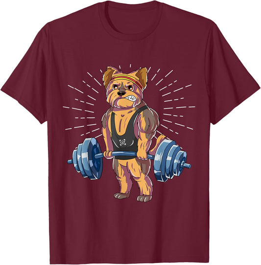 Yorkie Deadlift Fitness Gym Weightlifting T-Shirt - T-Shirt | Maroon