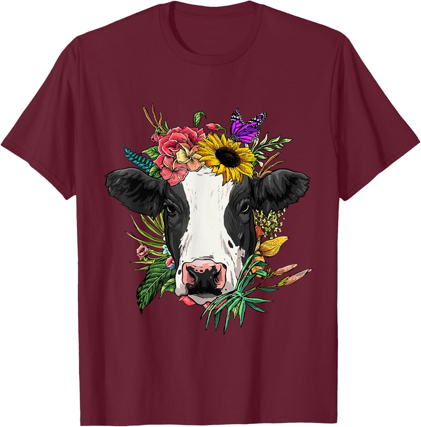 Floral Cow Head Spring Nature Lovers Farmer T-Shirt - T-Shirt | Maroon