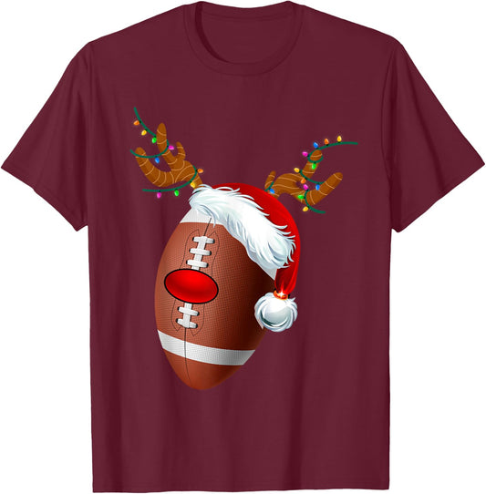 Christmas Football Ball Santa Hat Reindeer Xmas Boys Men T-Shirt - T-Shirt | Maroon