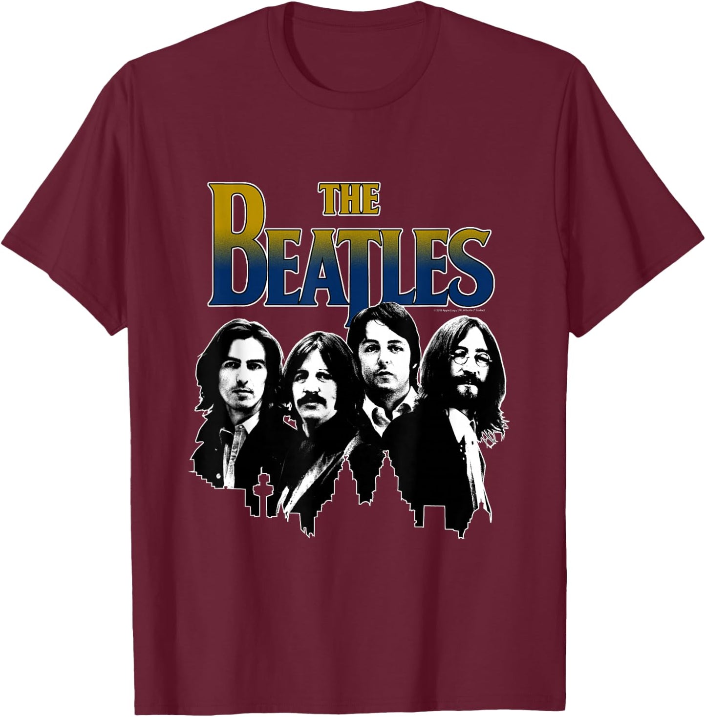 The Beatles Black and White Skyline T-Shirt - T-Shirt | Maroon
