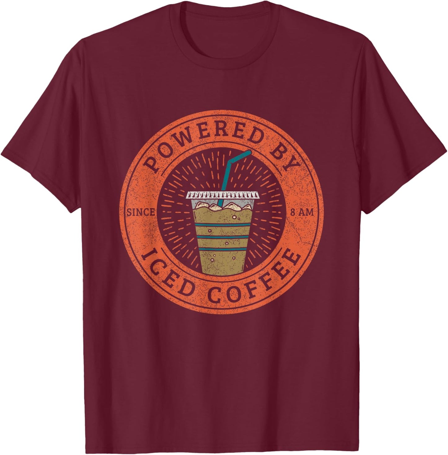 Lisa Norris Artworks Cute Powered by Iced Coffee - Black, -Adults, Small, Short Sleeve, Modern Casual, Fun, Ice Coffee T-Shirt - T-Shirt | Maroon