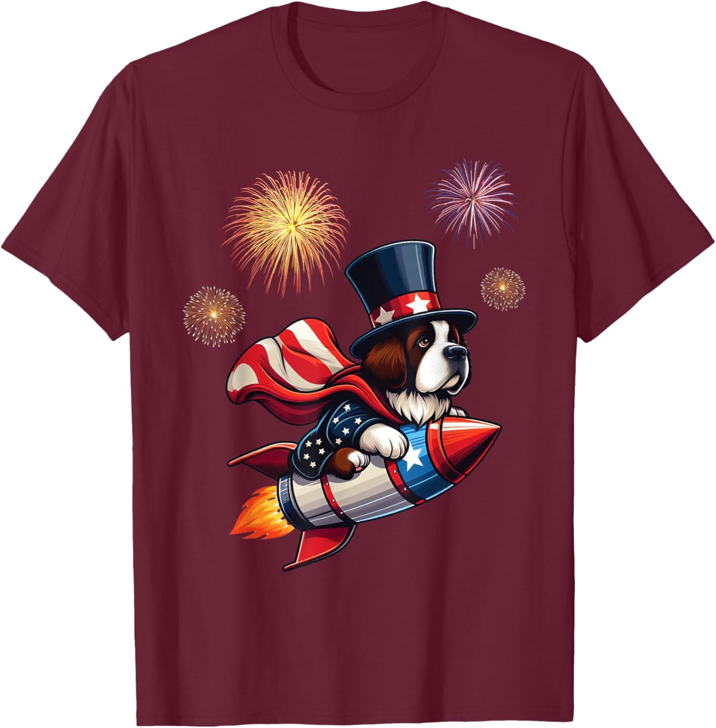 Saint Bernard Rocket Fireworks Independence USA Patriotic T-Shirt - T-Shirt | Maroon