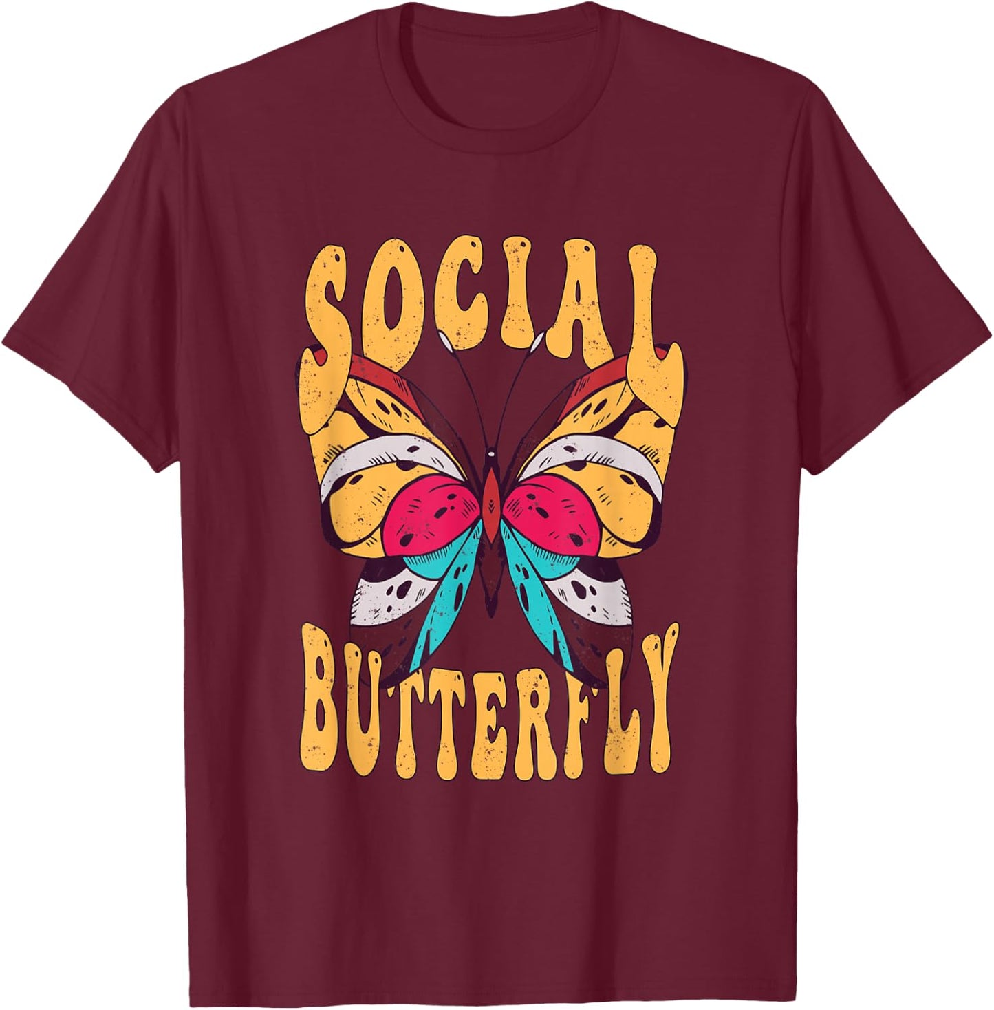 Retro Social Butterfly Bohemian T-Shirt - T-Shirt | Maroon
