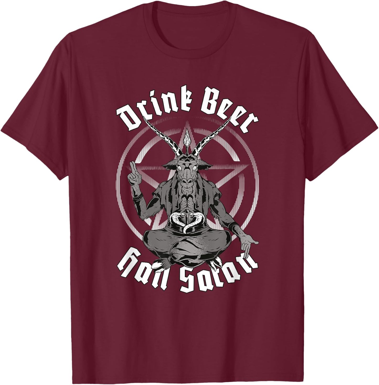 Baphomet Goat Pentagram Drink Beer Hail Satan Occultism T-Shirt - T-Shirt | Maroon