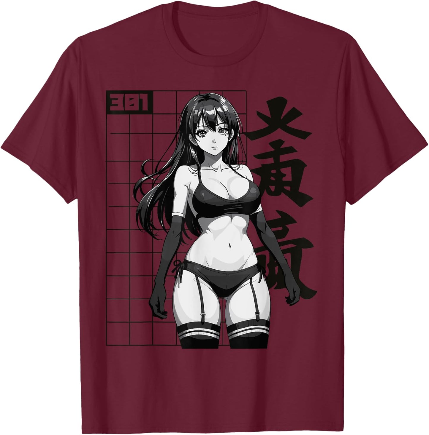 Sexy Waifu Otaku Anime Girl Japanese in Black and White Art T-Shirt - T-Shirt | Maroon
