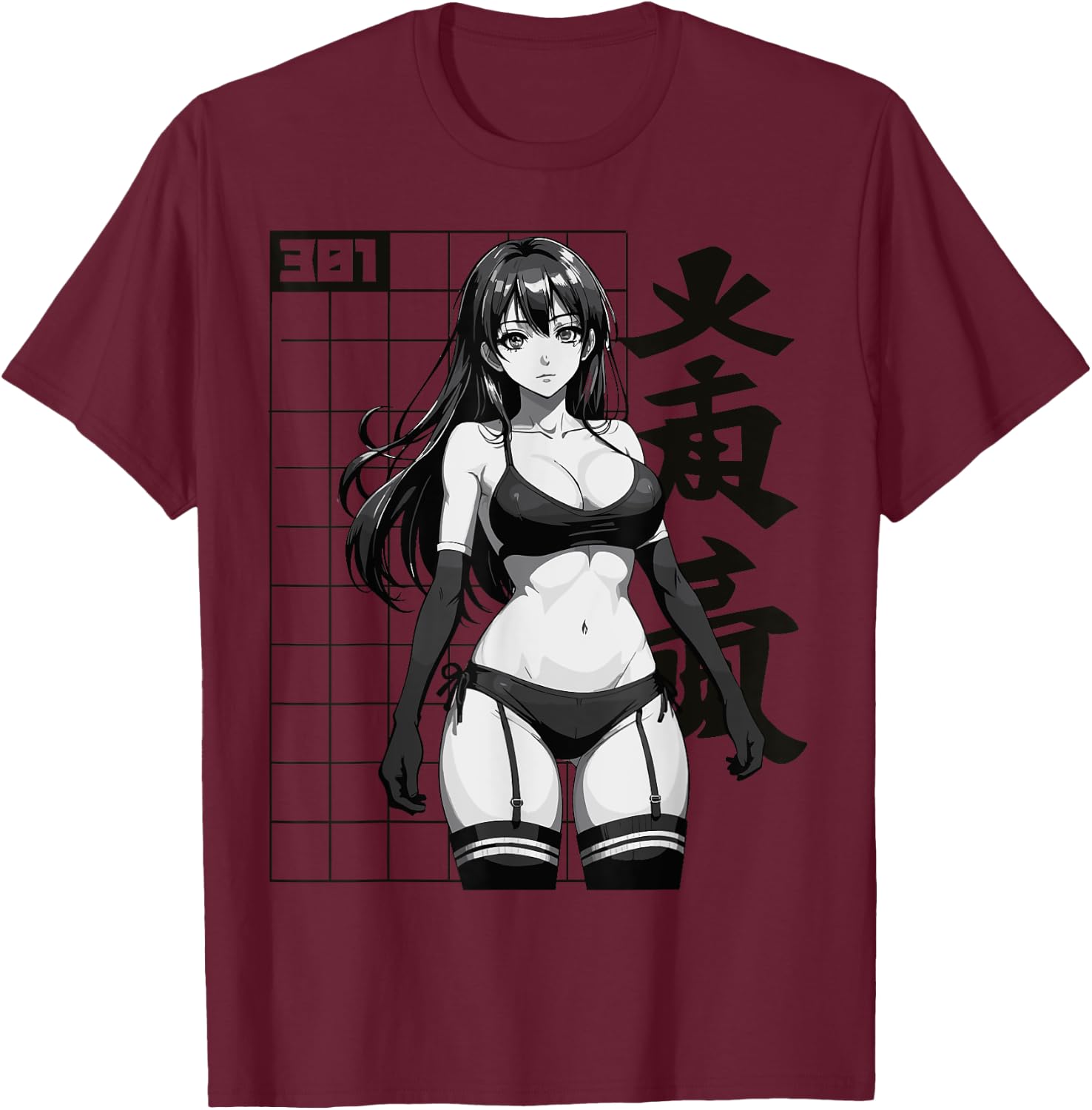 Sexy Waifu Otaku Anime Girl Japanese in Black and White Art T-Shirt - T-Shirt | Maroon
