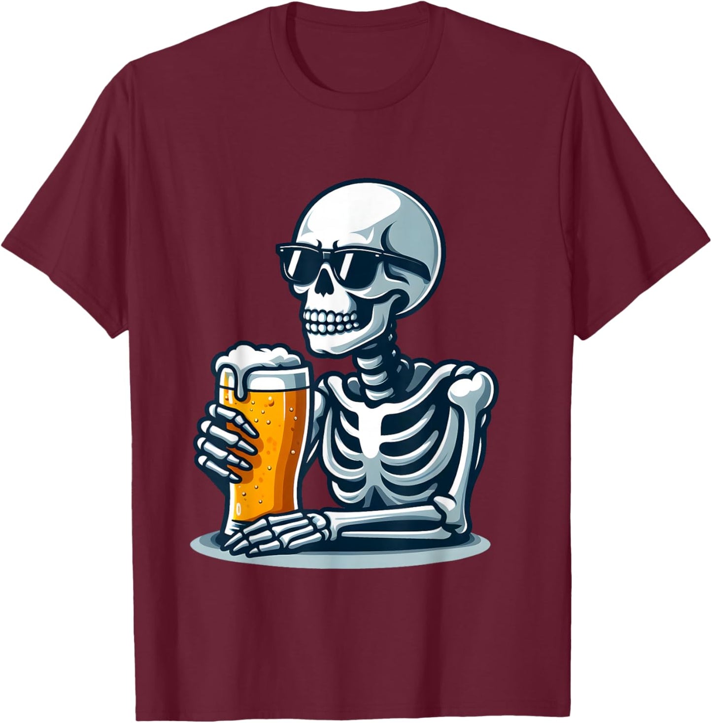 Skeleton Beer Drinking Sunglasses Funny Halloween Beer Lover T-Shirt - T-Shirt | Maroon