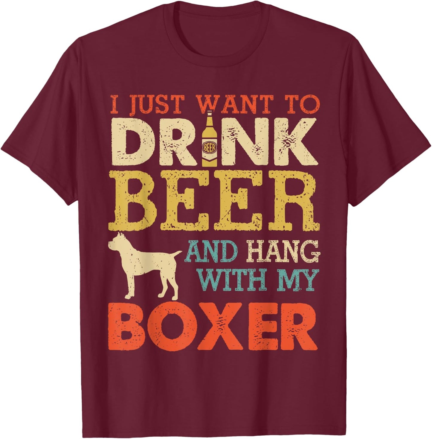 Boxer Dad Drink Beer Hang With Dog Funny Men Vintage T-Shirt - T-Shirt | Maroon