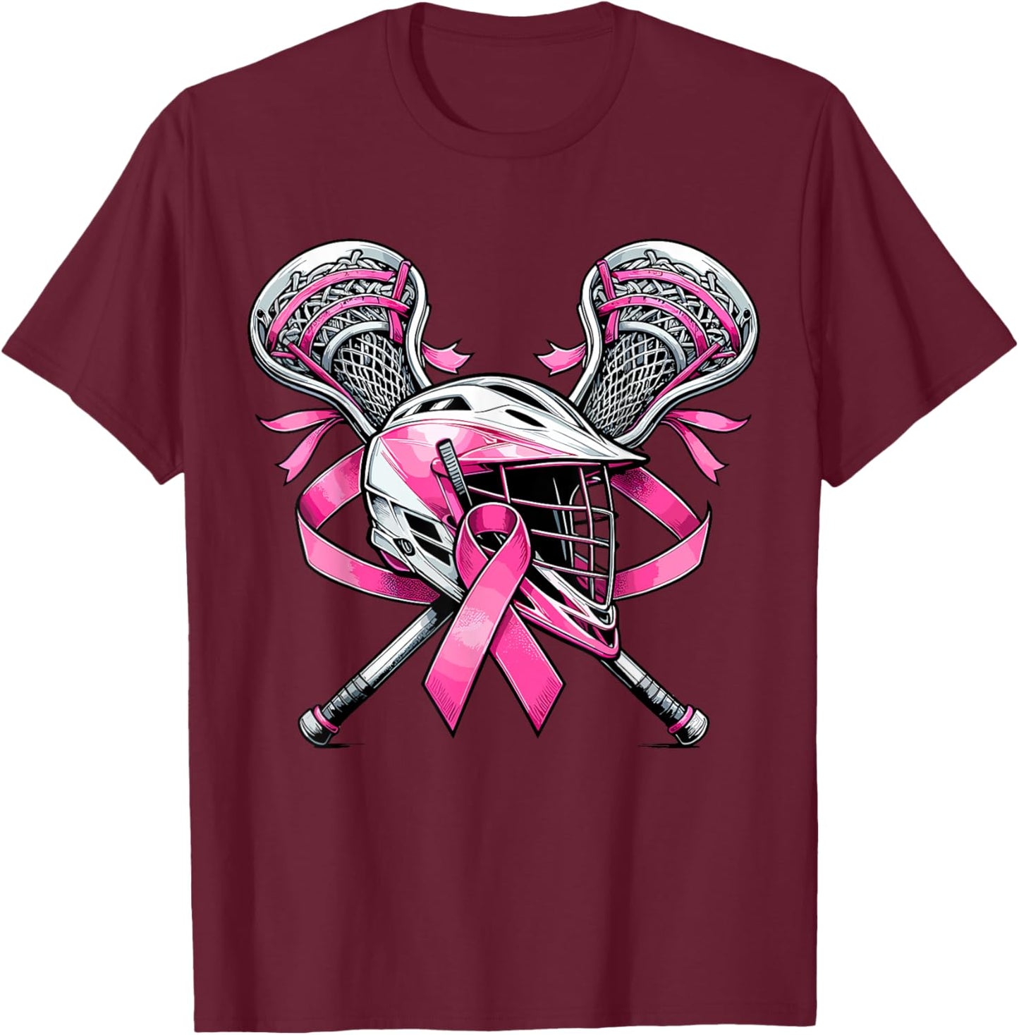 Lacrosse Pink Ribbon Breast Cancer Awareness Sport Lover T-Shirt - T-Shirt | Maroon