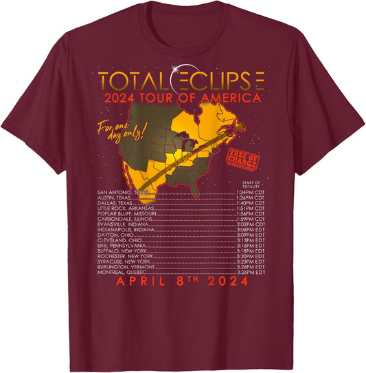 Total Solar Eclipse 2024 Tour of America 04.08.24 T-Shirt - T-Shirt | Maroon