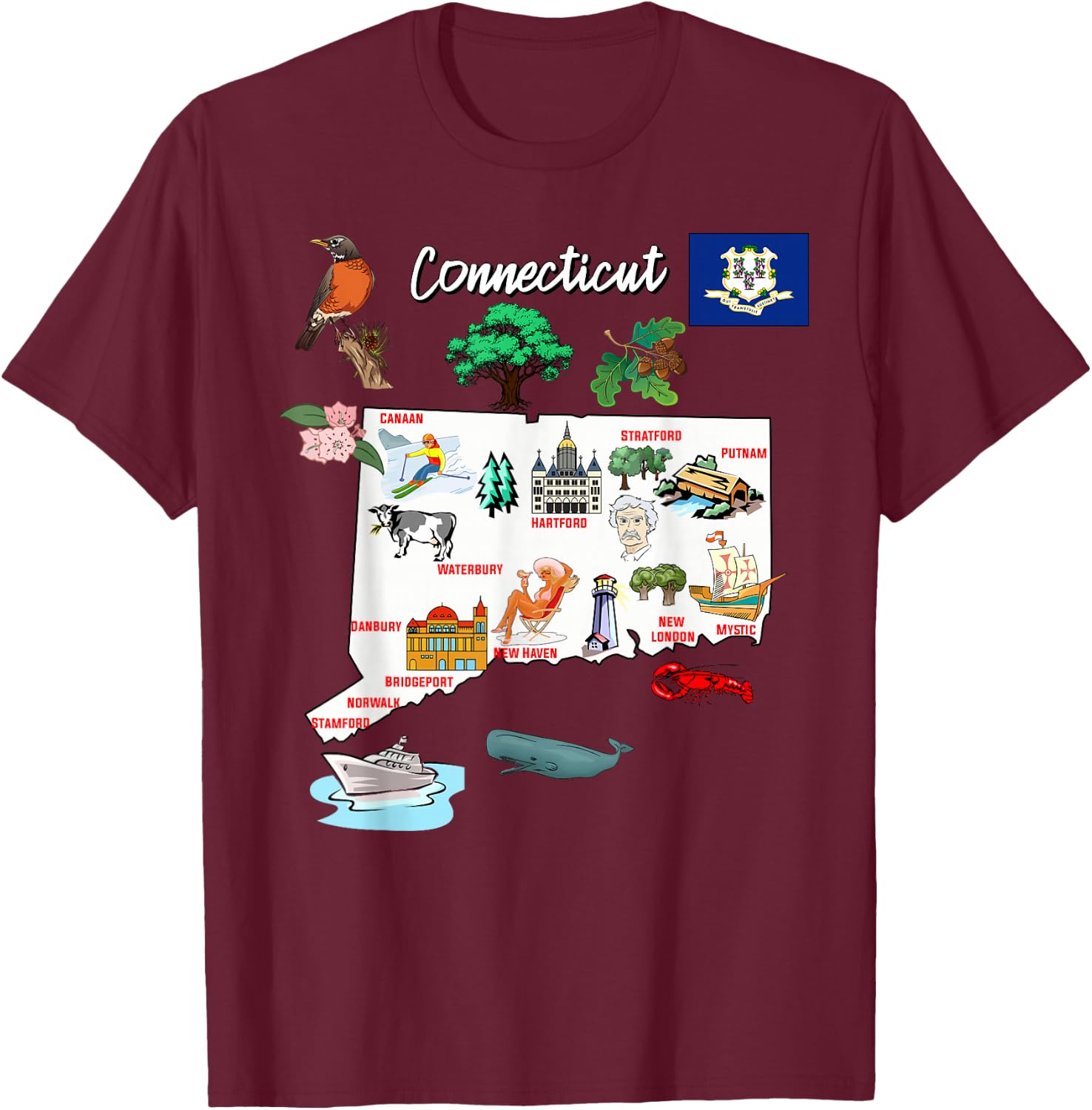 Illustrated map of Connecticut in the USA, cities T-Shirt - T-Shirt | Maroon