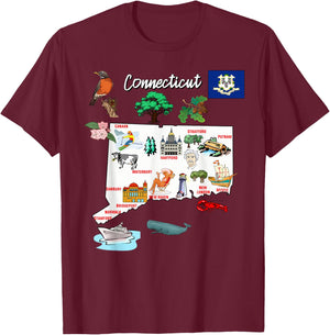 Illustrated map of Connecticut in the USA, cities T-Shirt - T-Shirt | Maroon