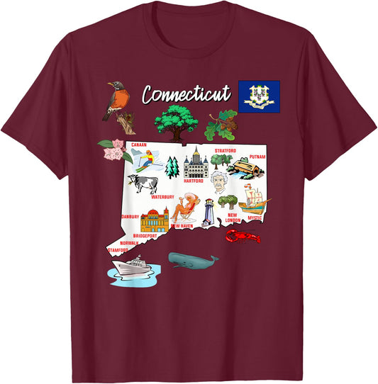 Illustrated map of Connecticut in the USA, cities T-Shirt - T-Shirt | Maroon