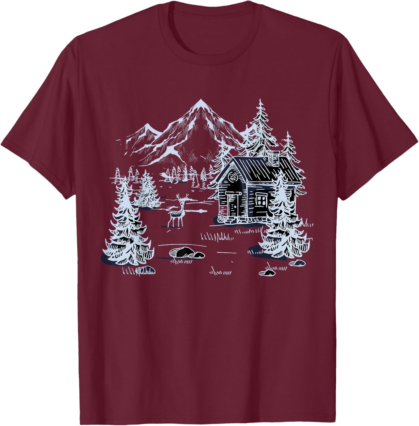 Outdoors Nature Mountains Trees Wildlife House Forest Hiking T-Shirt - T-Shirt | Maroon