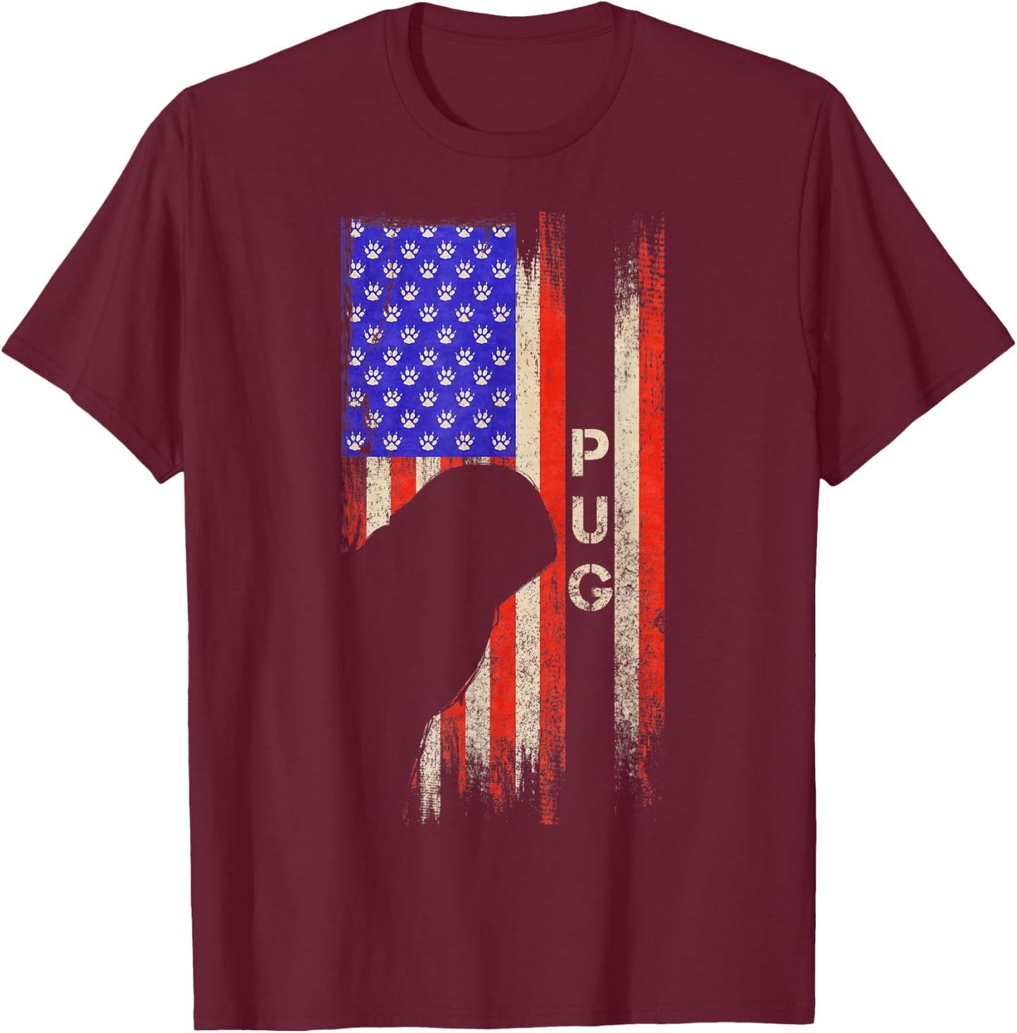 Vintage USA American Flag Pug Dog Silhouette Distressed Kids Men T-Shirt - T-Shirt | Maroon