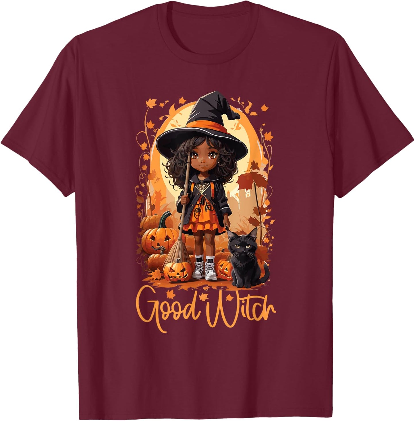 Good Witch Cute Girl African American Witch Funny Halloween T-Shirt - T-Shirt | Maroon