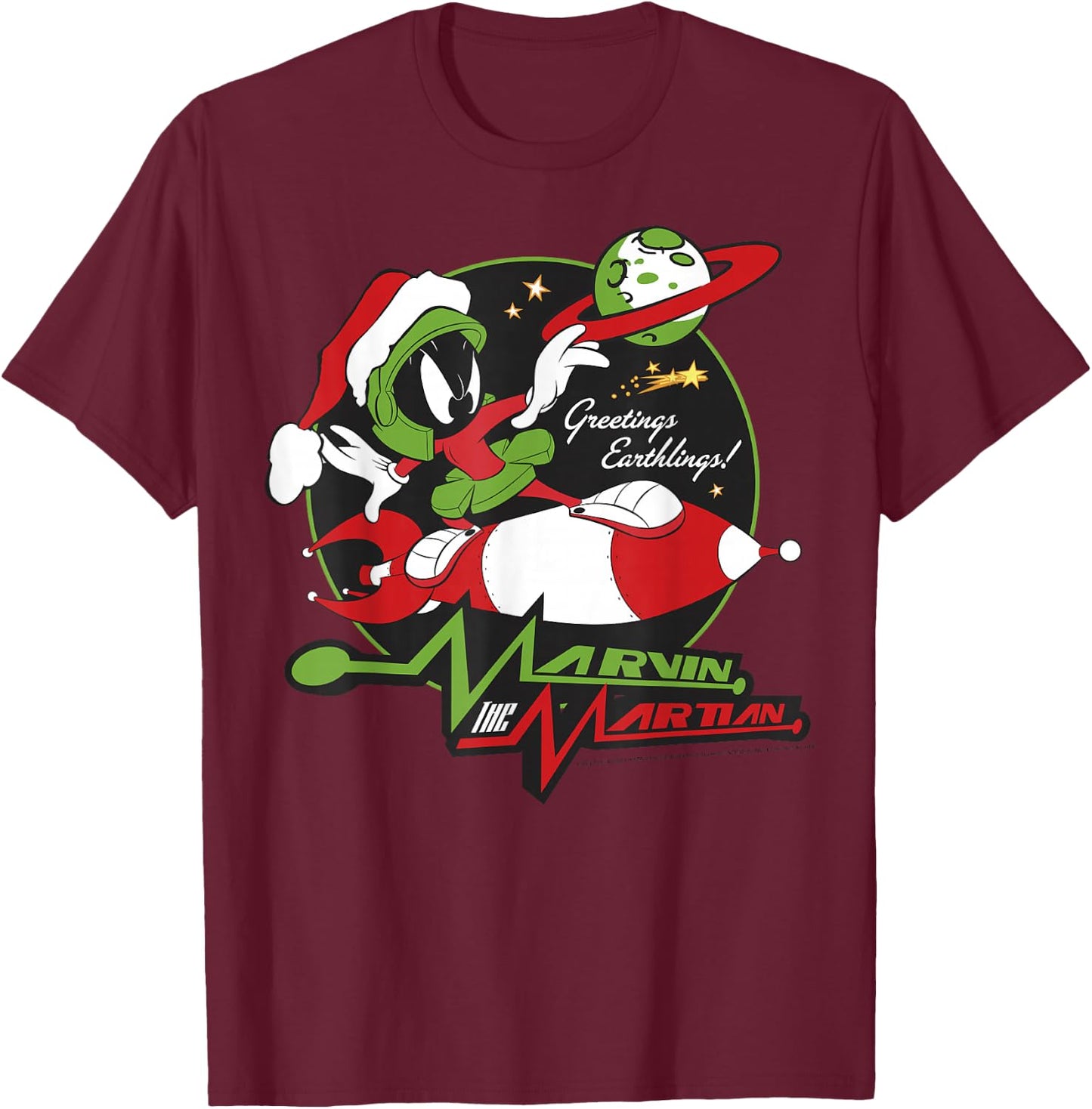 Looney Tunes Christmas Marvin The Martian Greetings T-Shirt - T-Shirt | Maroon