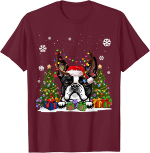 Funny Dog Boston Terrier Santa Hat Ugly Christmas Sweater Women Kids T-Shirt - T-Shirt | Maroon
