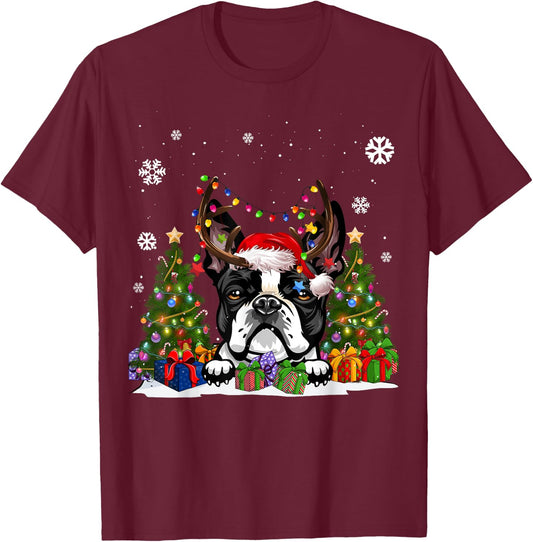 Funny Dog Boston Terrier Santa Hat Ugly Christmas Sweater Women Kids T-Shirt - T-Shirt | Maroon