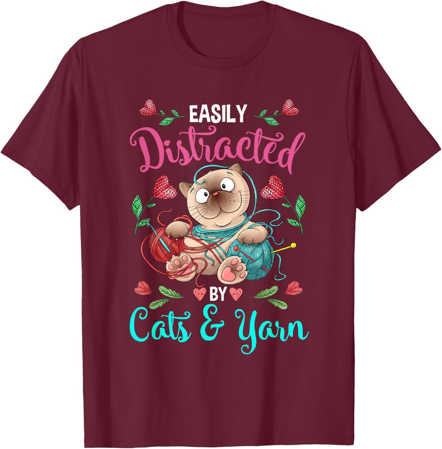 Cats and Yarn Addicted Funny Crochet Woman T-Shirt - T-Shirt | Maroon