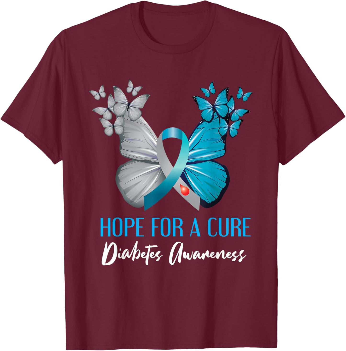 Type 1 Diabetes Awareness Hope For A Cure Mom Butterfly T-Shirt - T-Shirt | Maroon