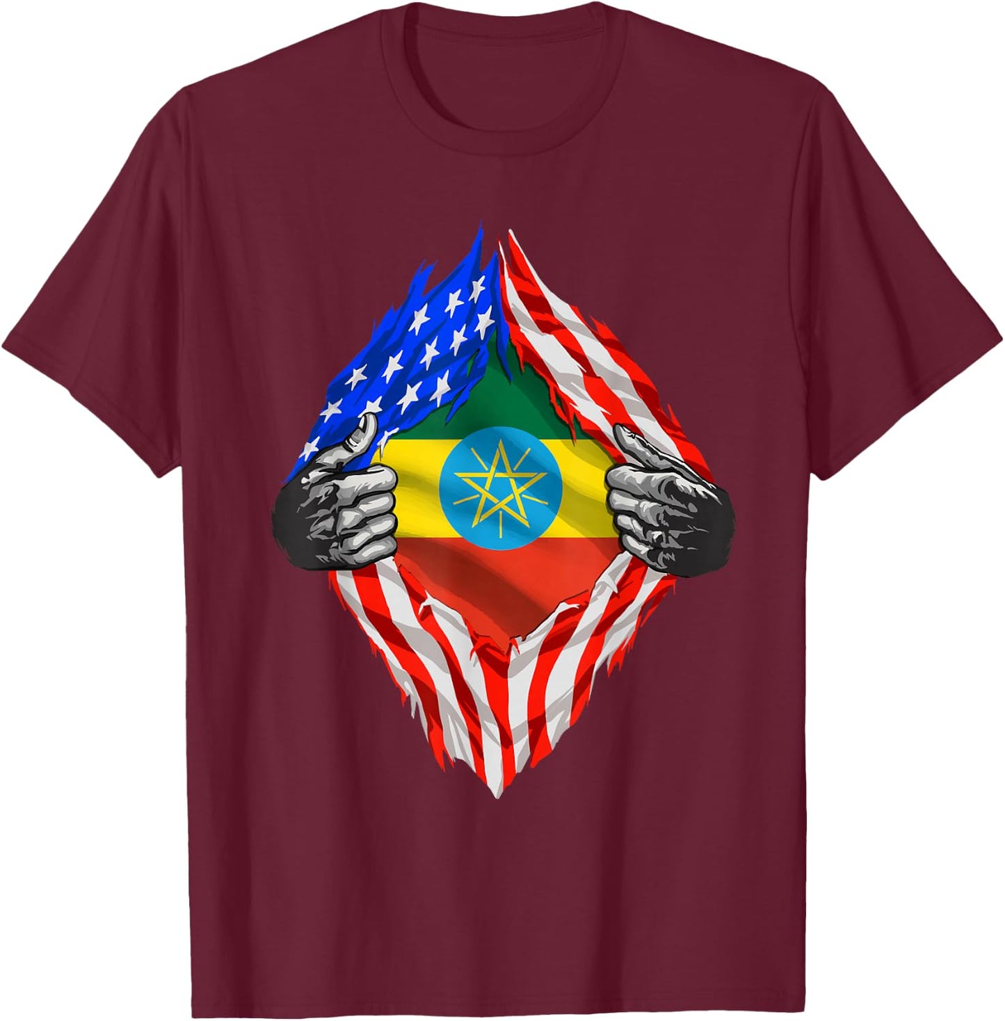 Ethiopia Roots USA Flag Patriotic Ethiopian Heritage Patriot T-Shirt - T-Shirt | Maroon