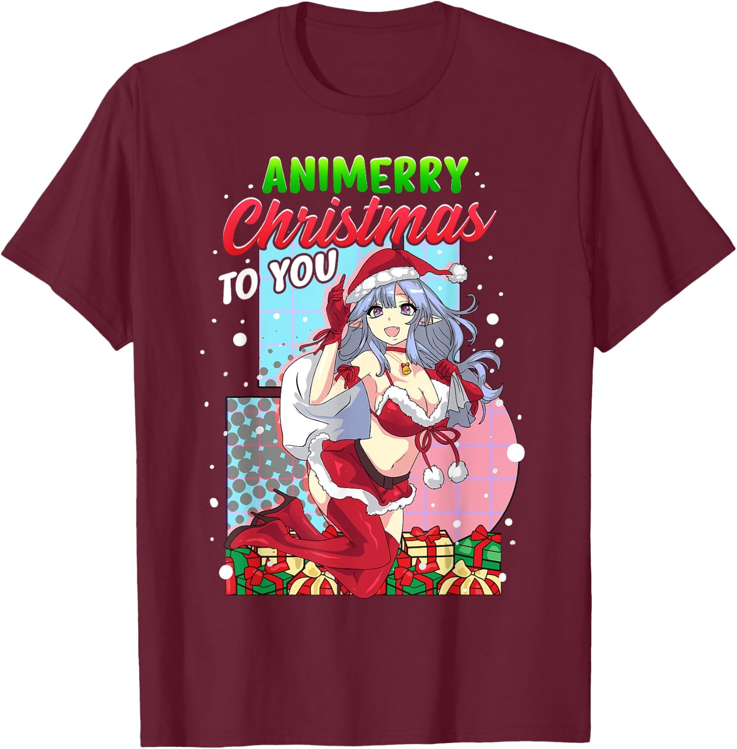 Animerry Christmas Cute Anime Girl Santa Claus Dress Costume T-Shirt - T-Shirt | Maroon