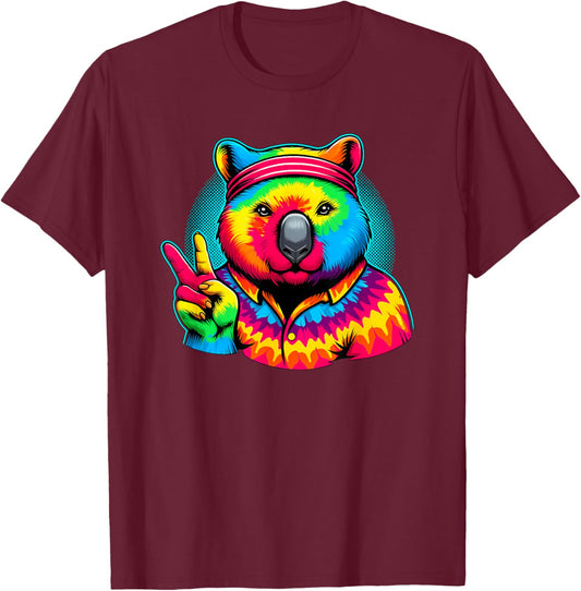 Peace Sign Tie Dye Wombat T-Shirt - T-Shirt | Maroon