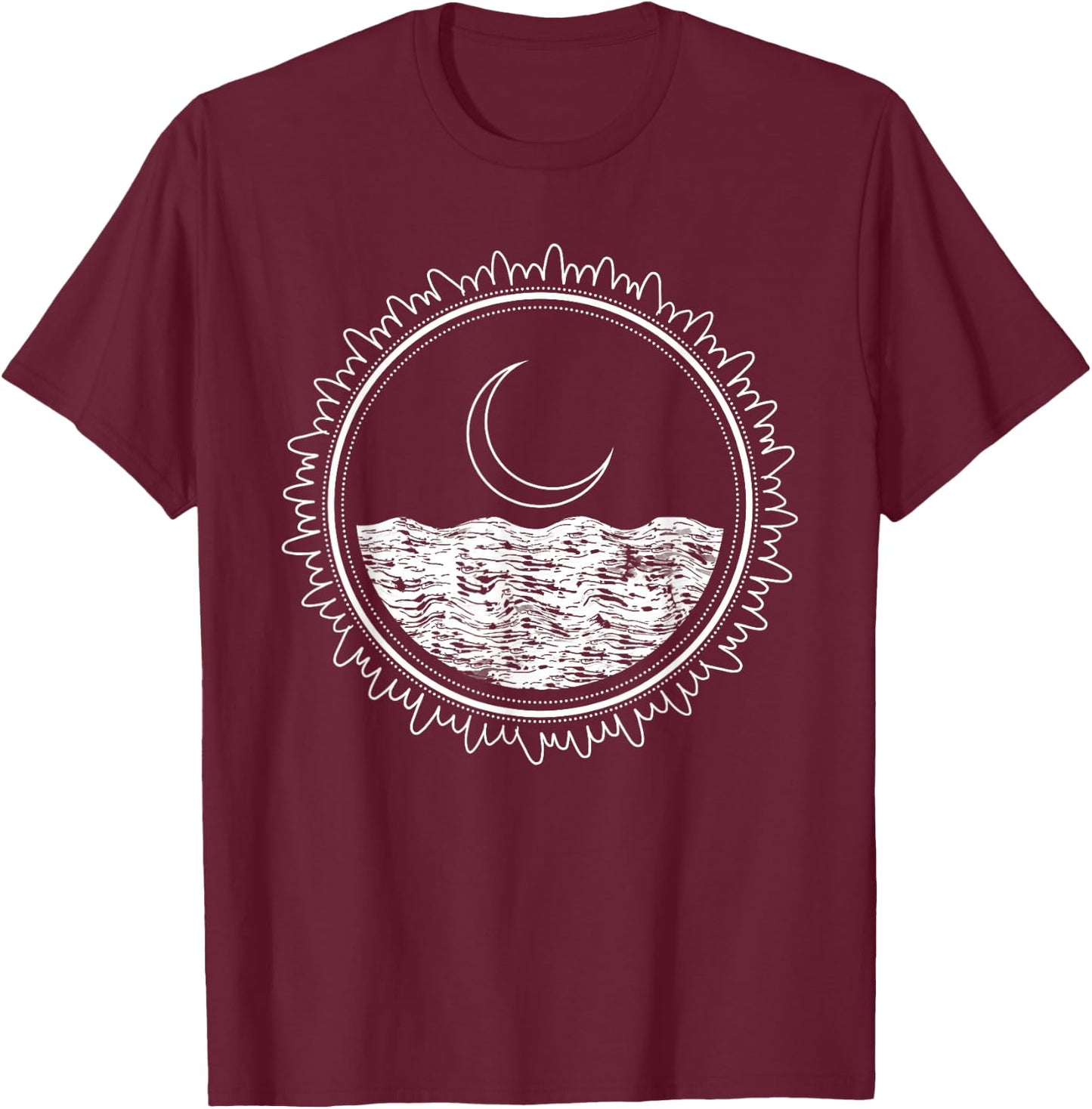 Crescent Moon Sea Night Sky Minimal Line Art Minimalist Gift T-Shirt - T-Shirt | Maroon