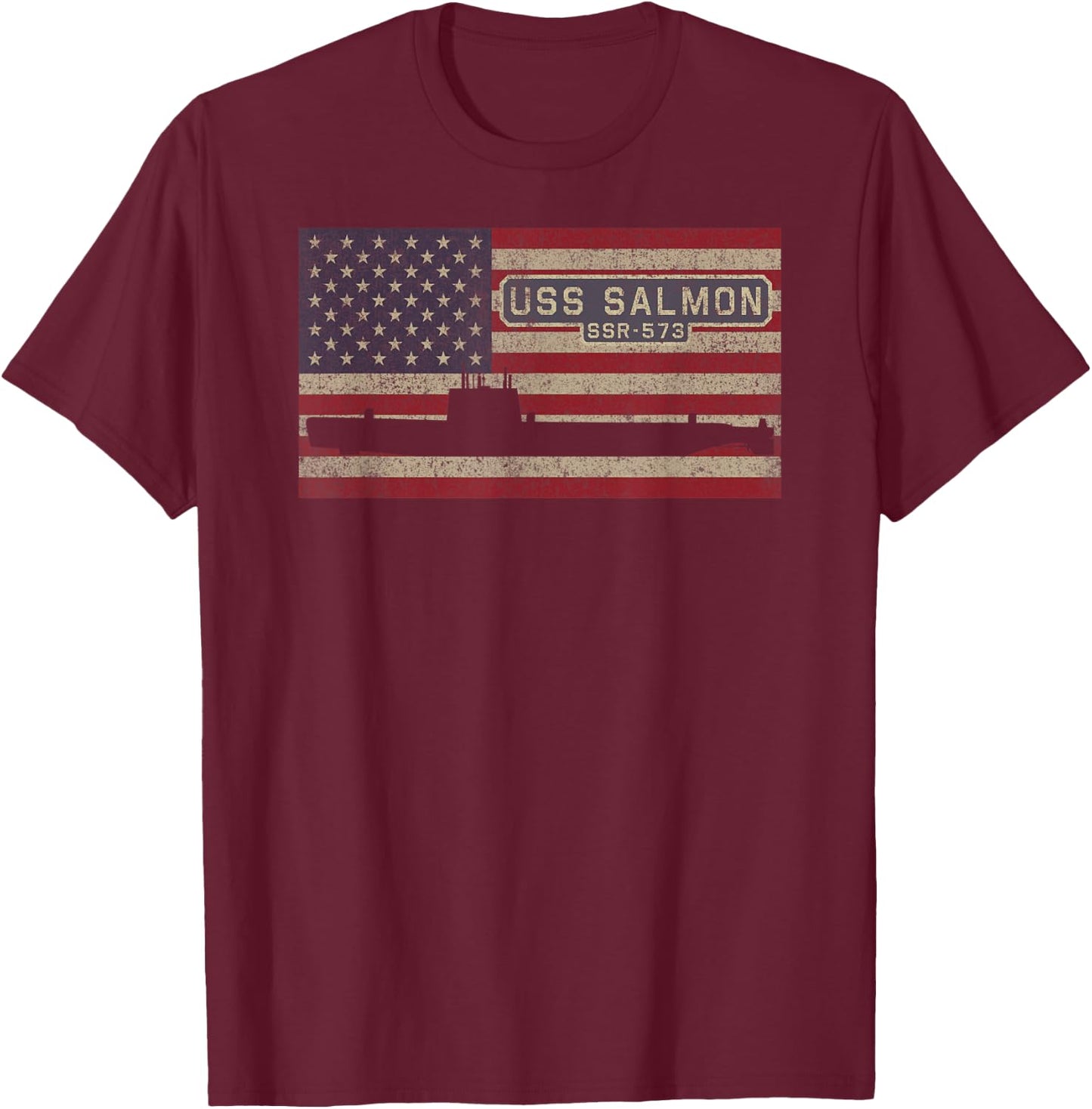 USS Salmon SSR-573 Radar Picket Submarine USA American Flag T-Shirt - T-Shirt | Maroon