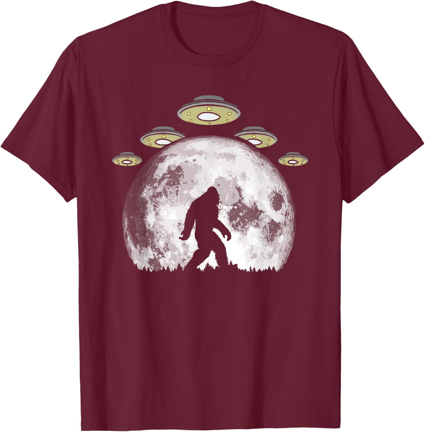 Bigfoot and UFO Armada & Full Moon T-Shirt - T-Shirt | Maroon