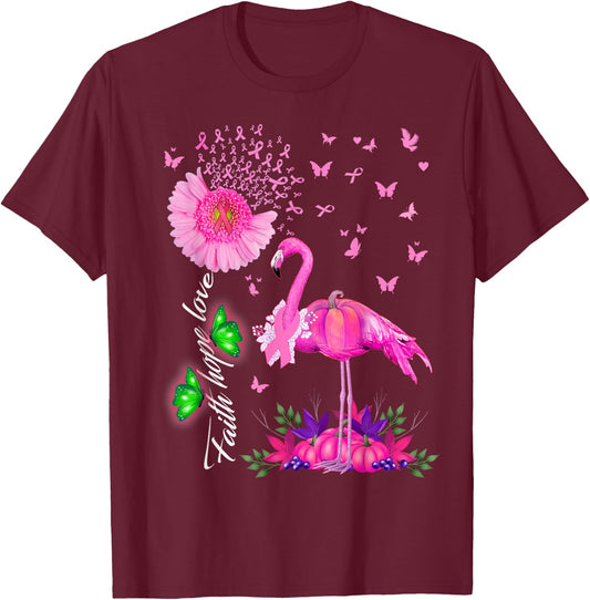 Flamingo Faith Hope Love Pink Pumpkin Ribbon Breast Cancer T-Shirt - T-Shirt | Maroon