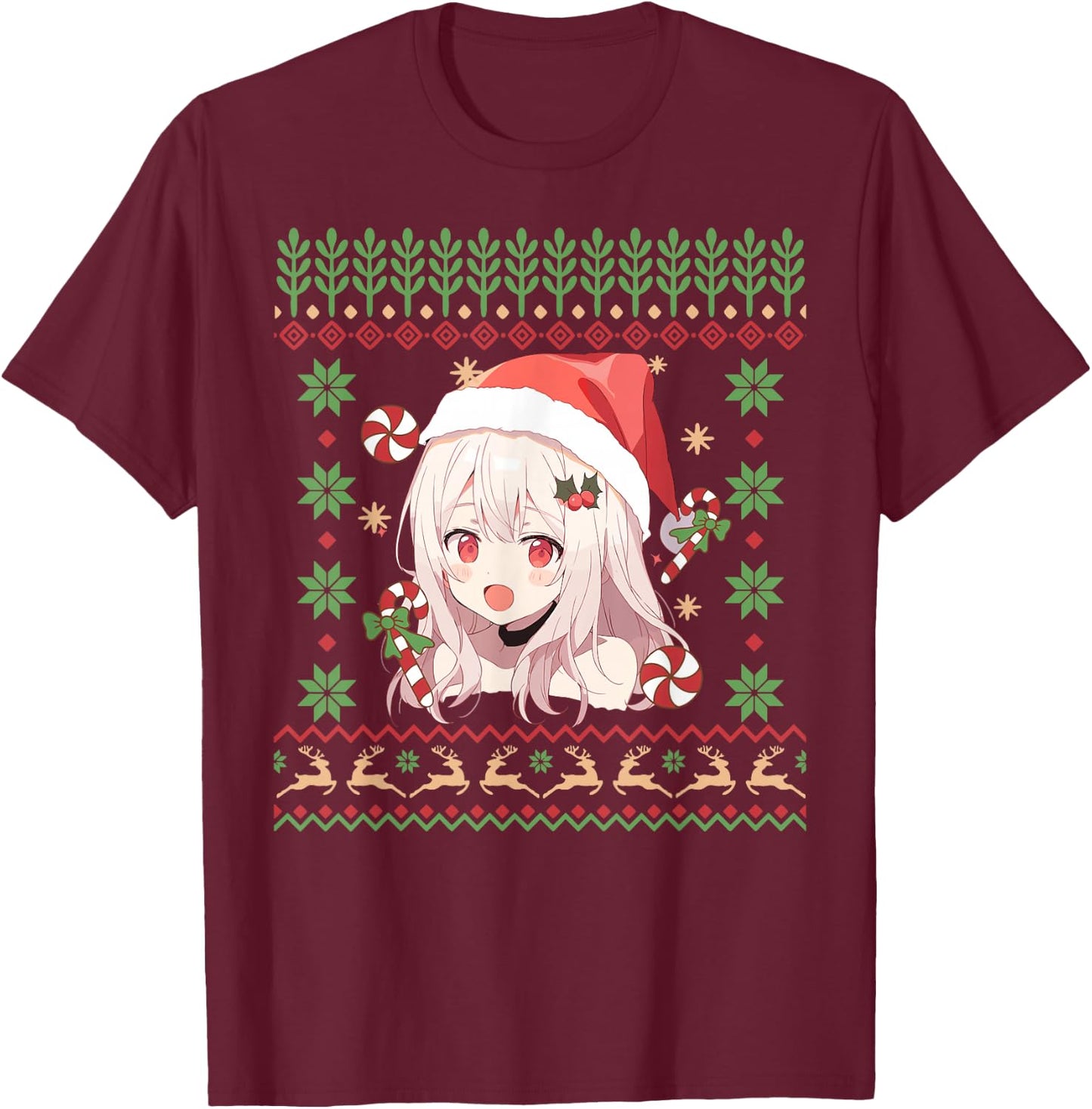 Cute Anime Girl Santa Hat Ugly Sweater Anime Otaku Christmas T-Shirt - T-Shirt | Maroon