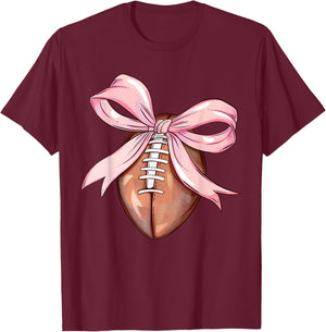 Coquette Bow Football Player American Football Season Funny T-Shirt - T-Shirt | Maroon