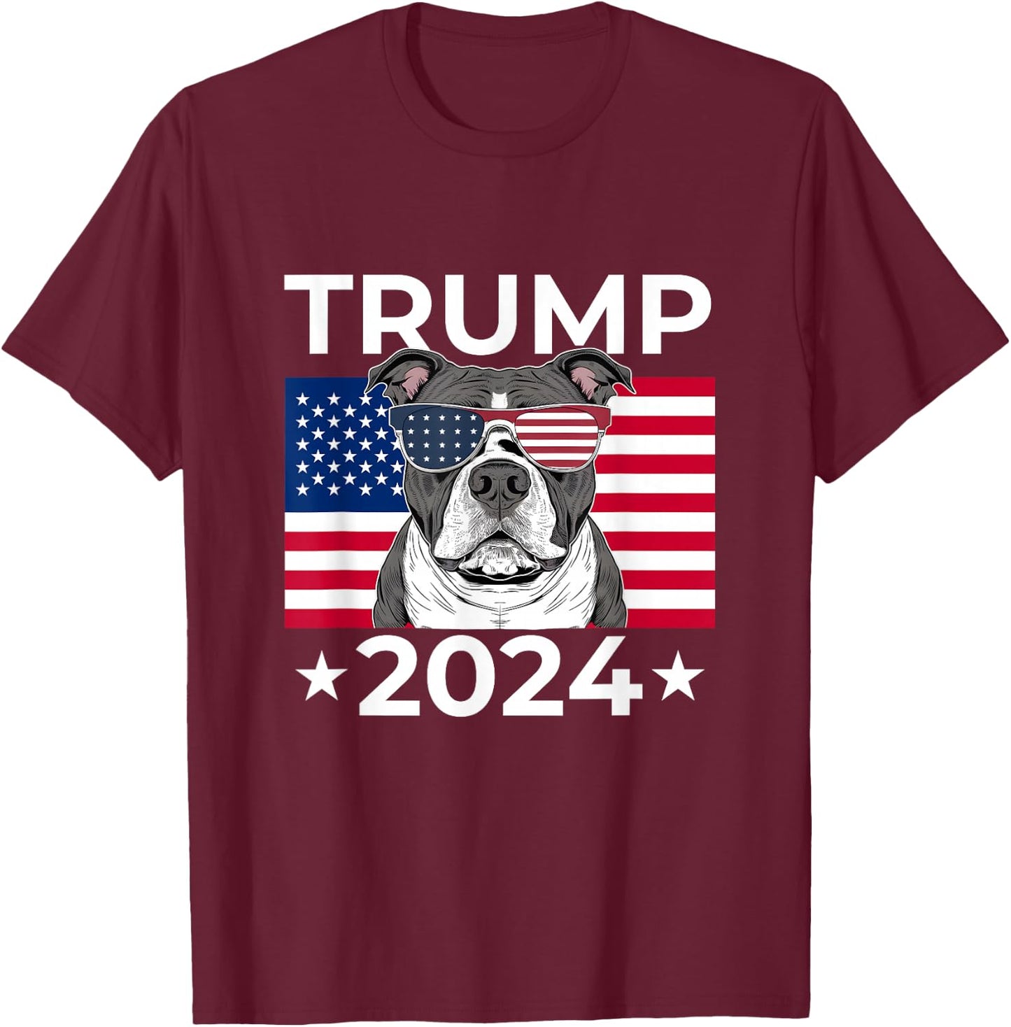 US Election Vote Donald Trump 2024 Pitbull Dog USA Flag T-Shirt - T-Shirt | Maroon