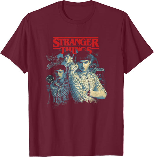 Stranger Things Will Byers Collage Retro Big Chest Portrait T-Shirt - T-Shirt | Maroon