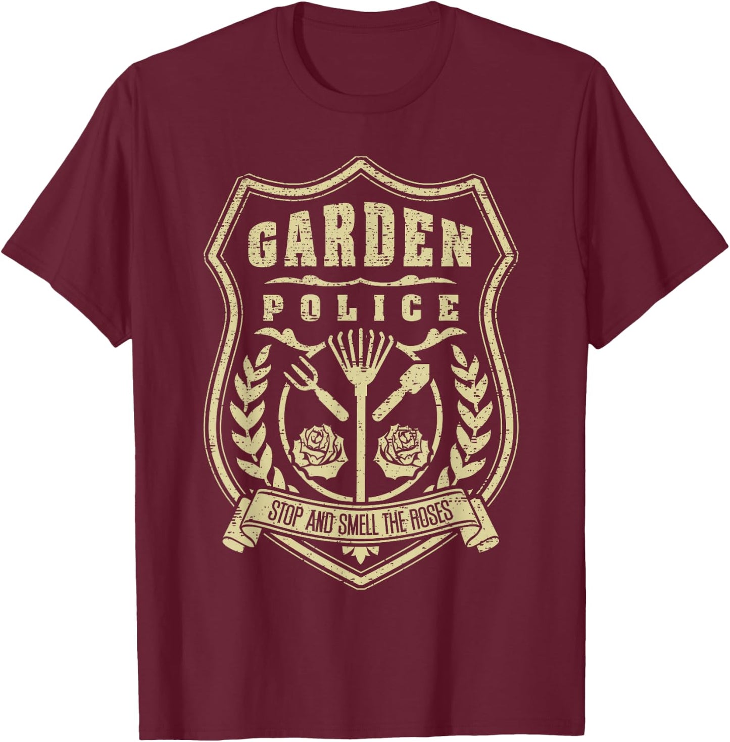 Garden Police Badge Gardener Vintage Distressed Gardening T-Shirt - T-Shirt | Maroon