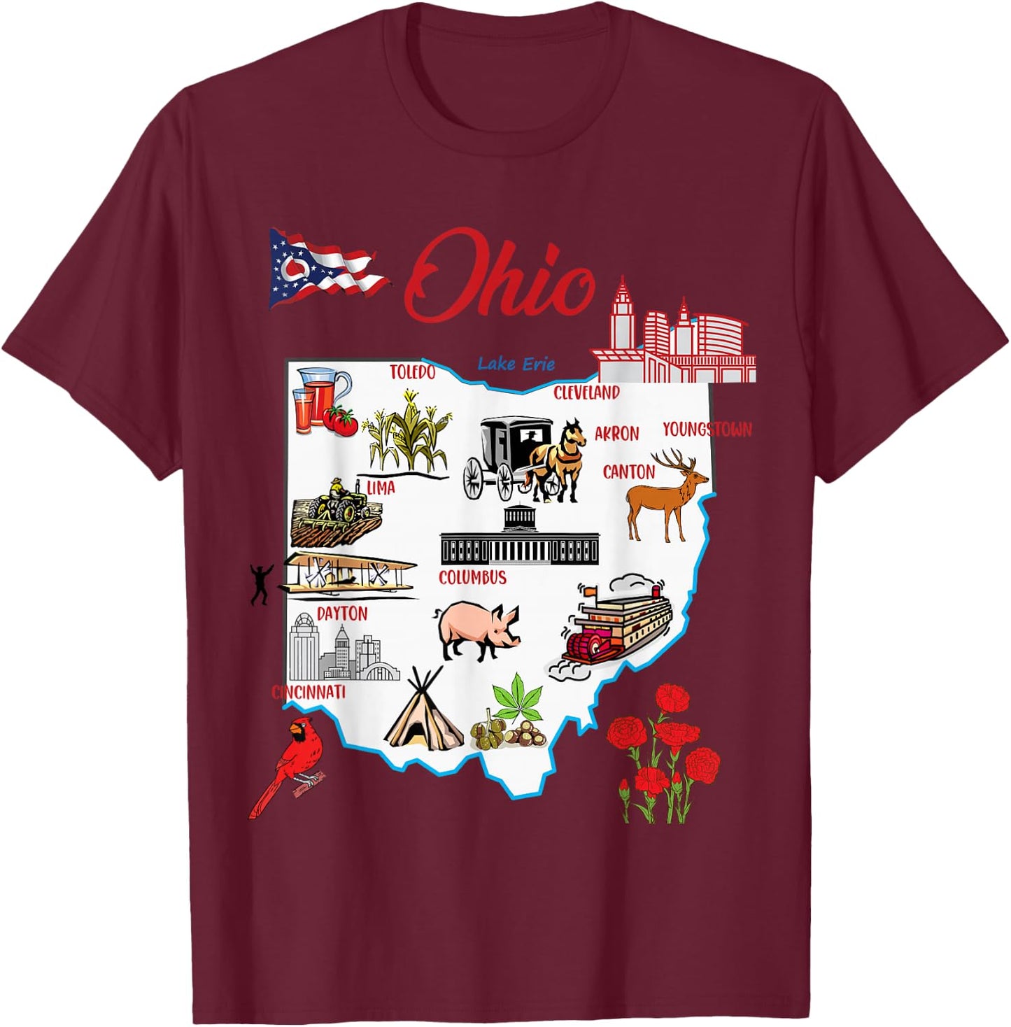 Illustrated map of the state of Ohio in the USA, major cities T-Shirt - T-Shirt | Maroon