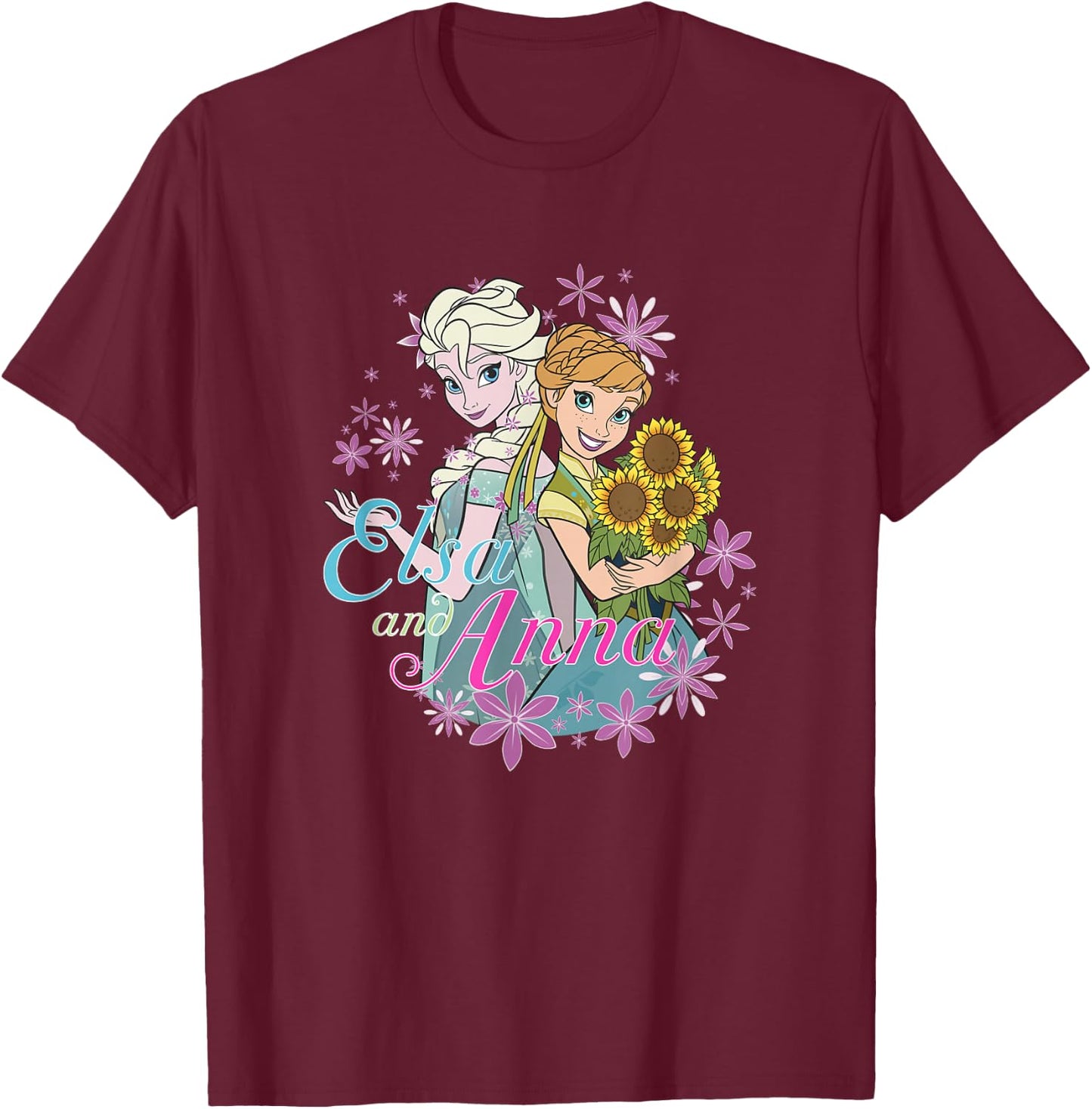 Disney Frozen Anna & Elsa Sisters Rainbow Snowflake Frame T-Shirt - T-Shirt | Maroon