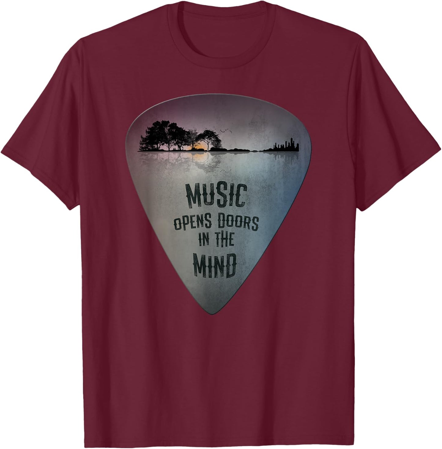 Distressed Guitar Pick Lake Reflections Music Lover Guitar T-Shirt - T-Shirt | Maroon