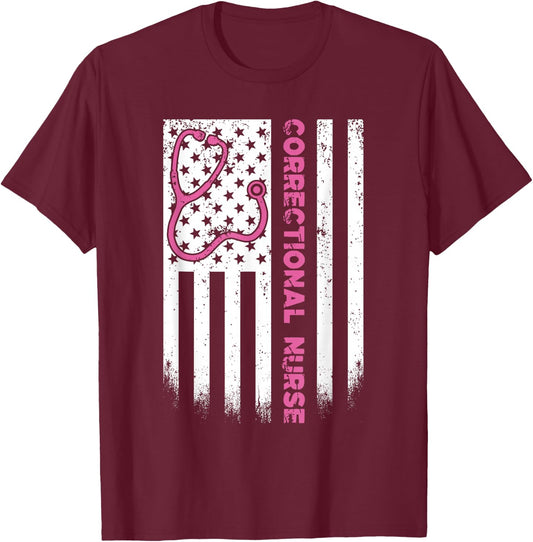 Correctional Nurse American Flag US Stethoscope RN Patriotic T-Shirt - T-Shirt | Maroon