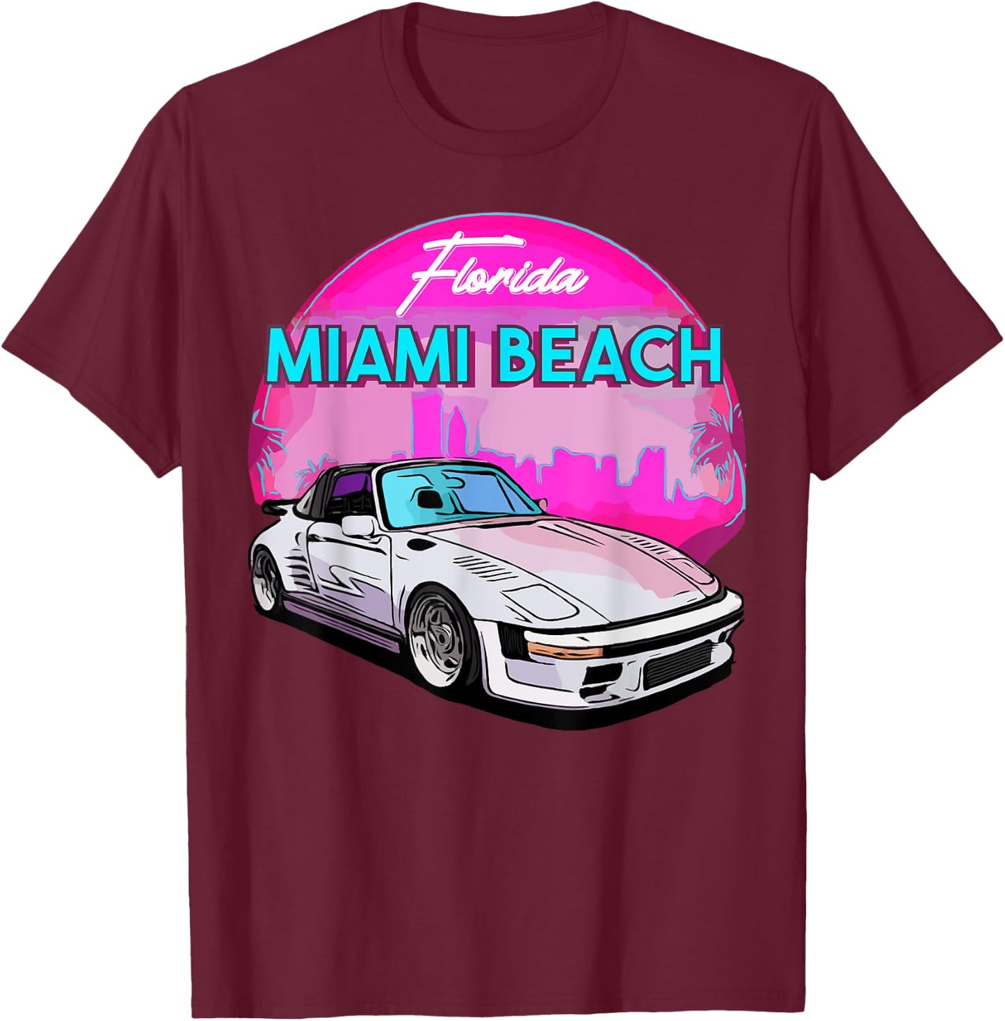 Miami Beach Florida Miami Palm Trees and Vintage Car T-Shirt - T-Shirt | Maroon