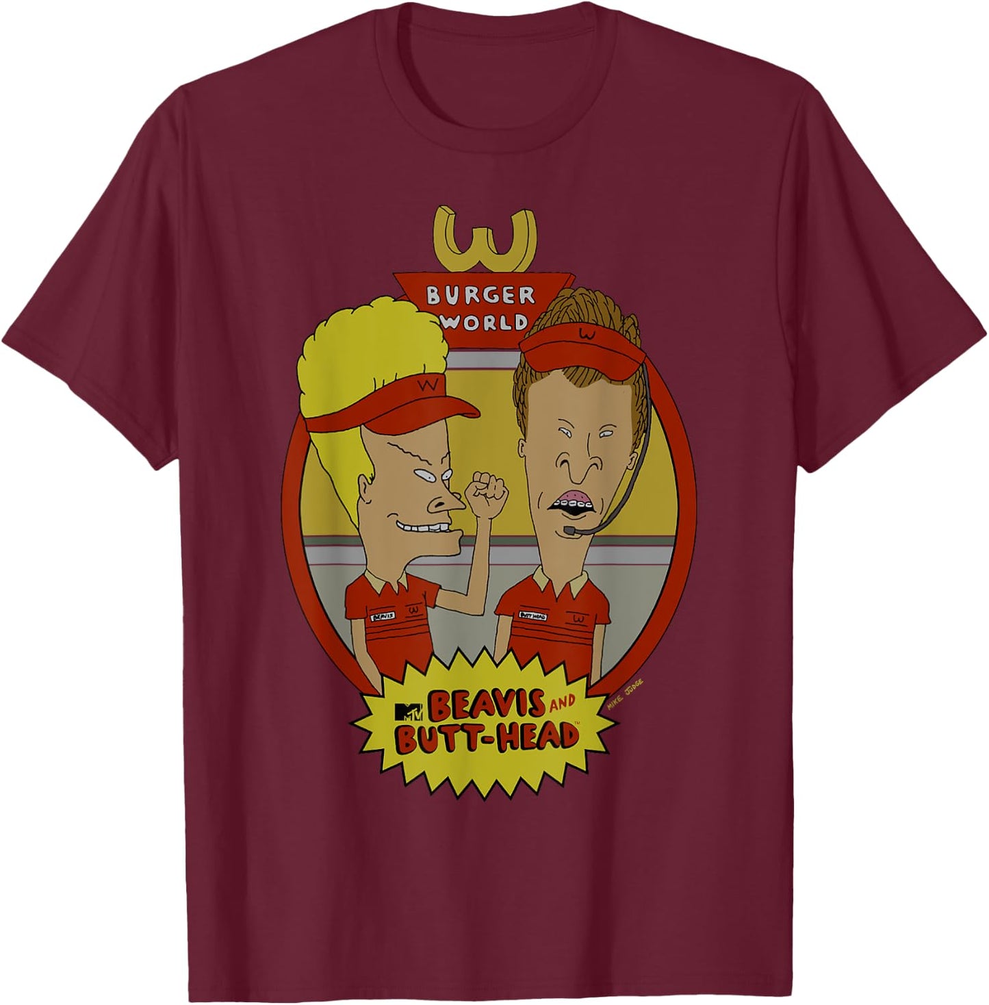 Beavis and Butt-Head Burger World Circle Frame Poster T-Shirt - T-Shirt | Maroon