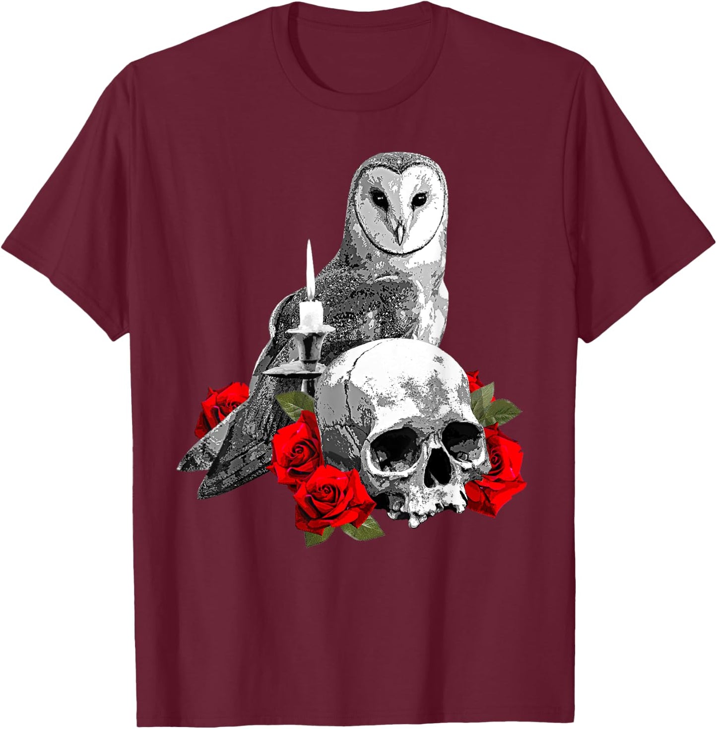 Spooky Witch Skull, Wiccan Owl and Candle with Red Roses T-Shirt - T-Shirt | Maroon
