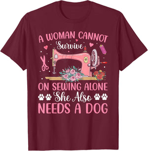 Woman Sewing Alone Dog Sewing Machine Sewing Team Dog Lover T-Shirt - T-Shirt | Maroon