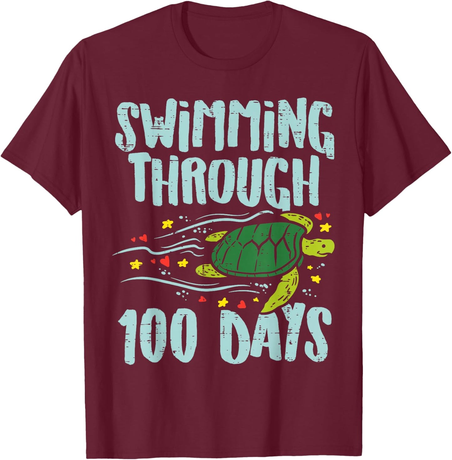 Swimming Through 100 Days Turtle 100th Day School Kids Gift T-Shirt - T-Shirt | Maroon