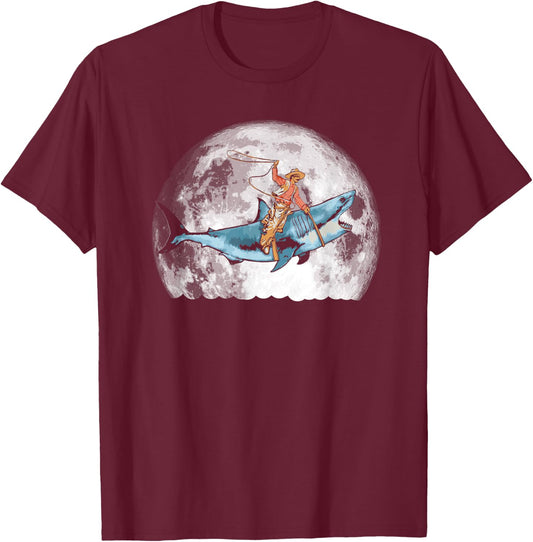 Shark Lover Rodeo Cowboy Riding Great White Vintage Funny T-Shirt - T-Shirt | Maroon